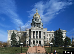 USA, Colorado, Denver, Colorado State Capitol, Corinthian order of classic architecture facade surmounted by dome,
